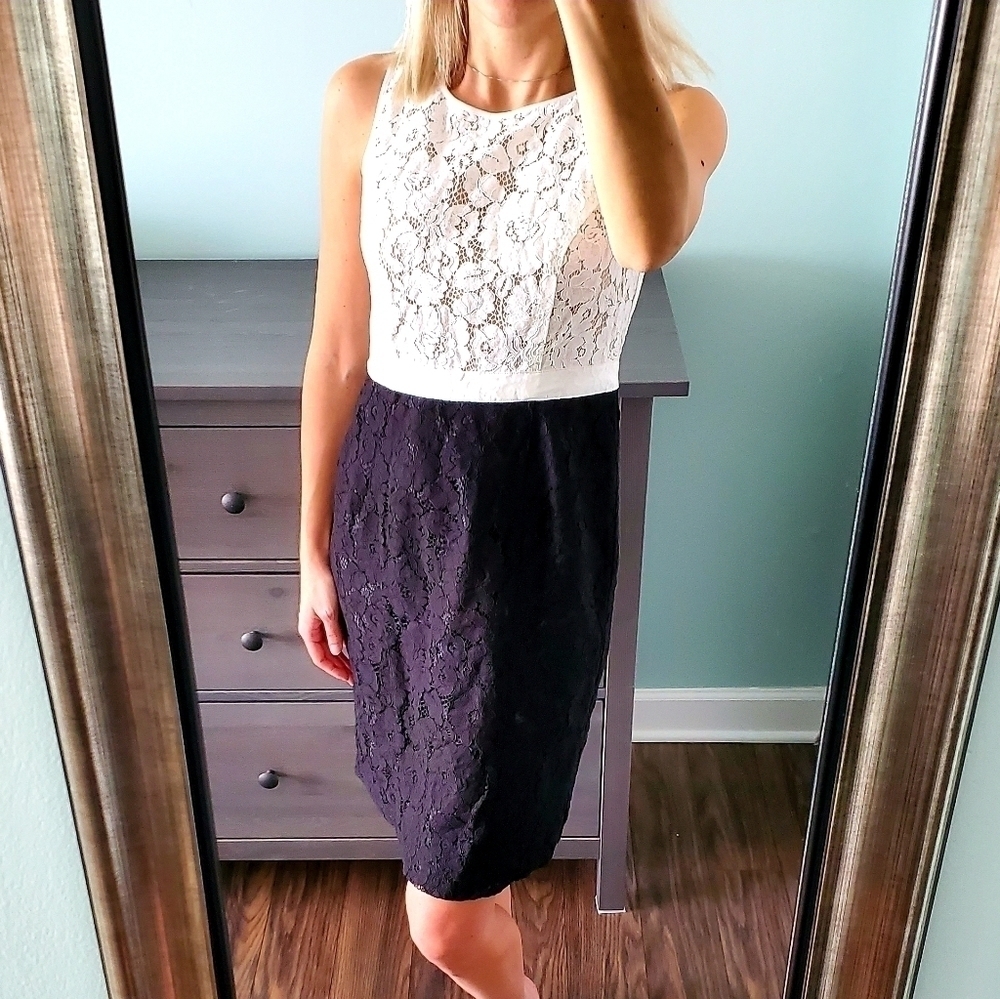 NWOT SLNY Black And White Embroidered Lace Dress